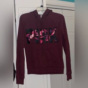 VS PINK women’s maroon flower logo full zip hoodie, size XS